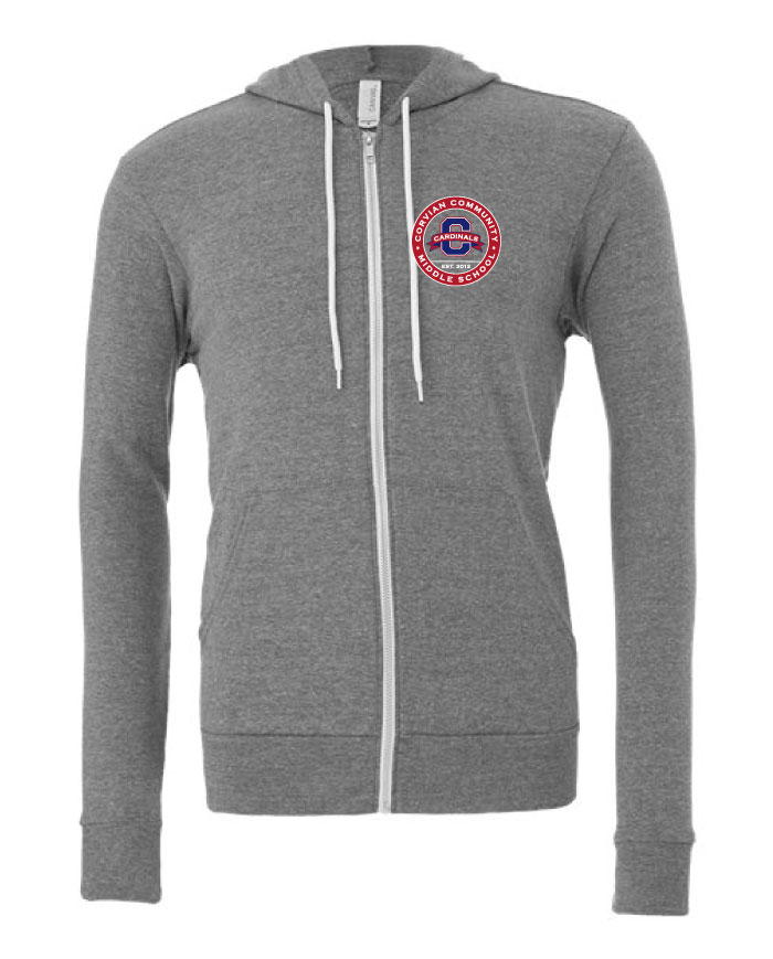 Corvian Grey Zip Up Sweatshirt Middle School Seal